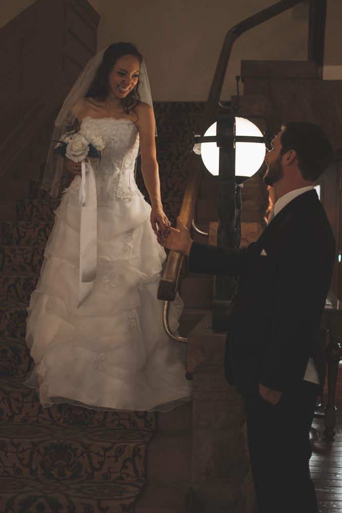 Wedding — bride and groom on stairs — Squid Shoots